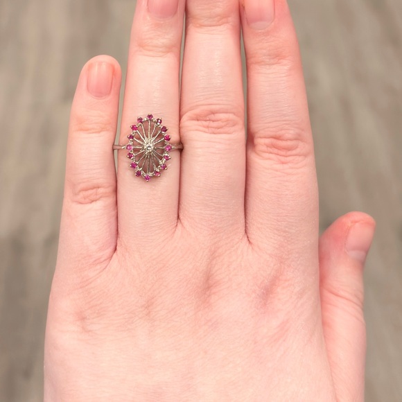 Vintage 14K PSCO Natural Ruby Diamond Ring Art Nouveau Size 7 Filigree Starburst - Picture 4 of 16